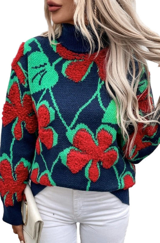 TEEK - Floral Knit Turtleneck Sweater TOPS TEEK FG Blue Multi S