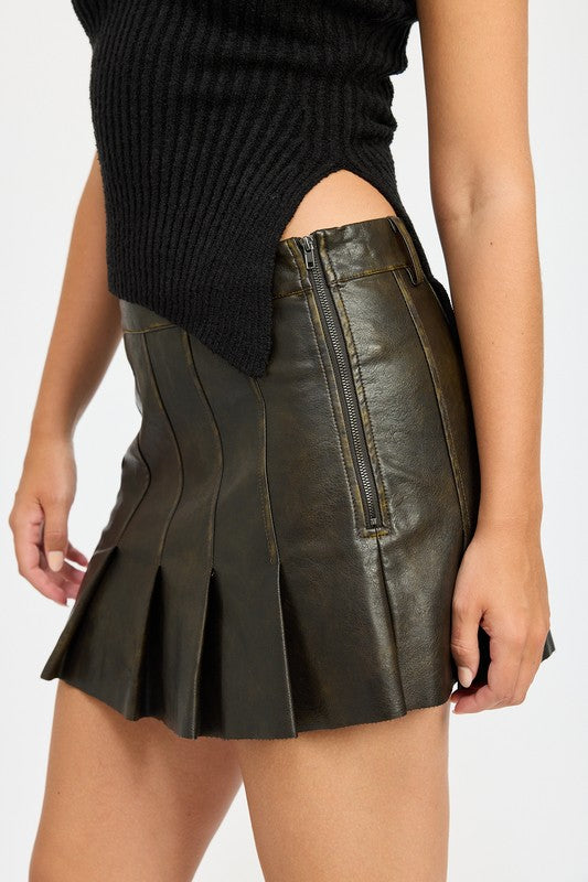 TEEK - BROWN LEATHER PLEATED SKIRT SKIRT TEEK FG