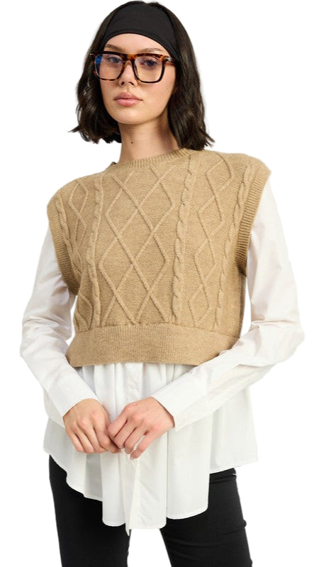 TEEK - CABLE TWO FER SWEATER TOP TOPS TEEK FG