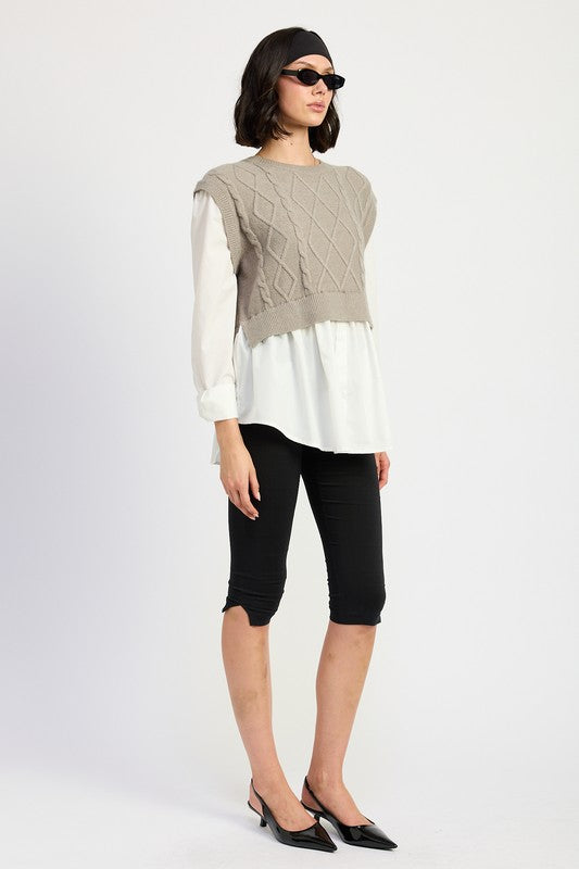 TEEK - CABLE TWO FER SWEATER TOP TOPS TEEK FG