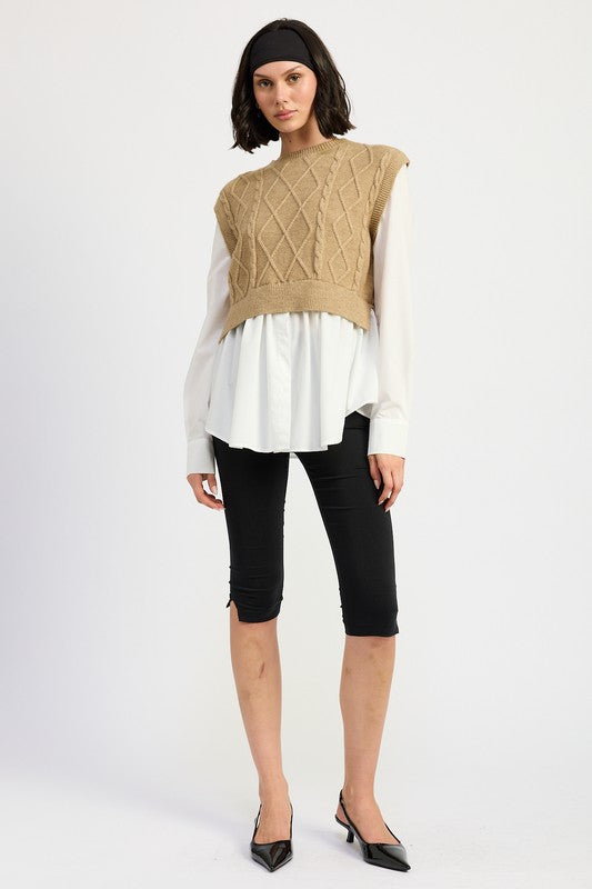 TEEK - CABLE TWO FER SWEATER TOP TOPS TEEK FG