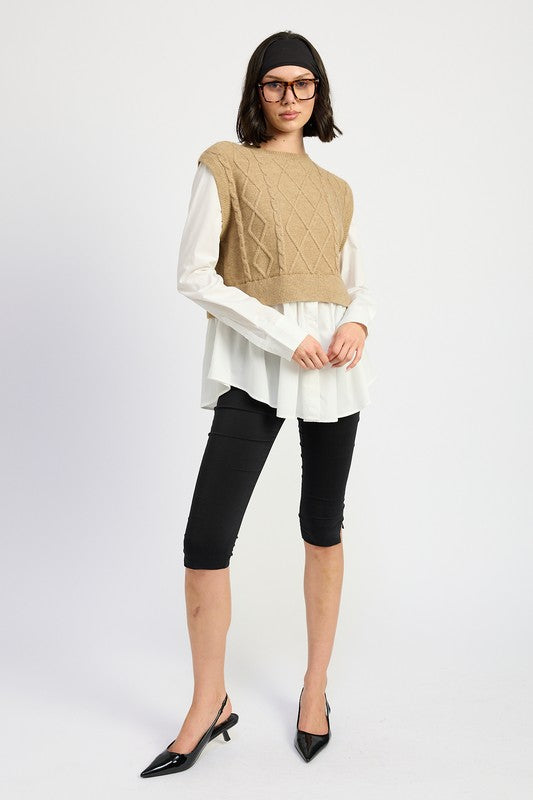 TEEK - CABLE TWO FER SWEATER TOP TOPS TEEK FG