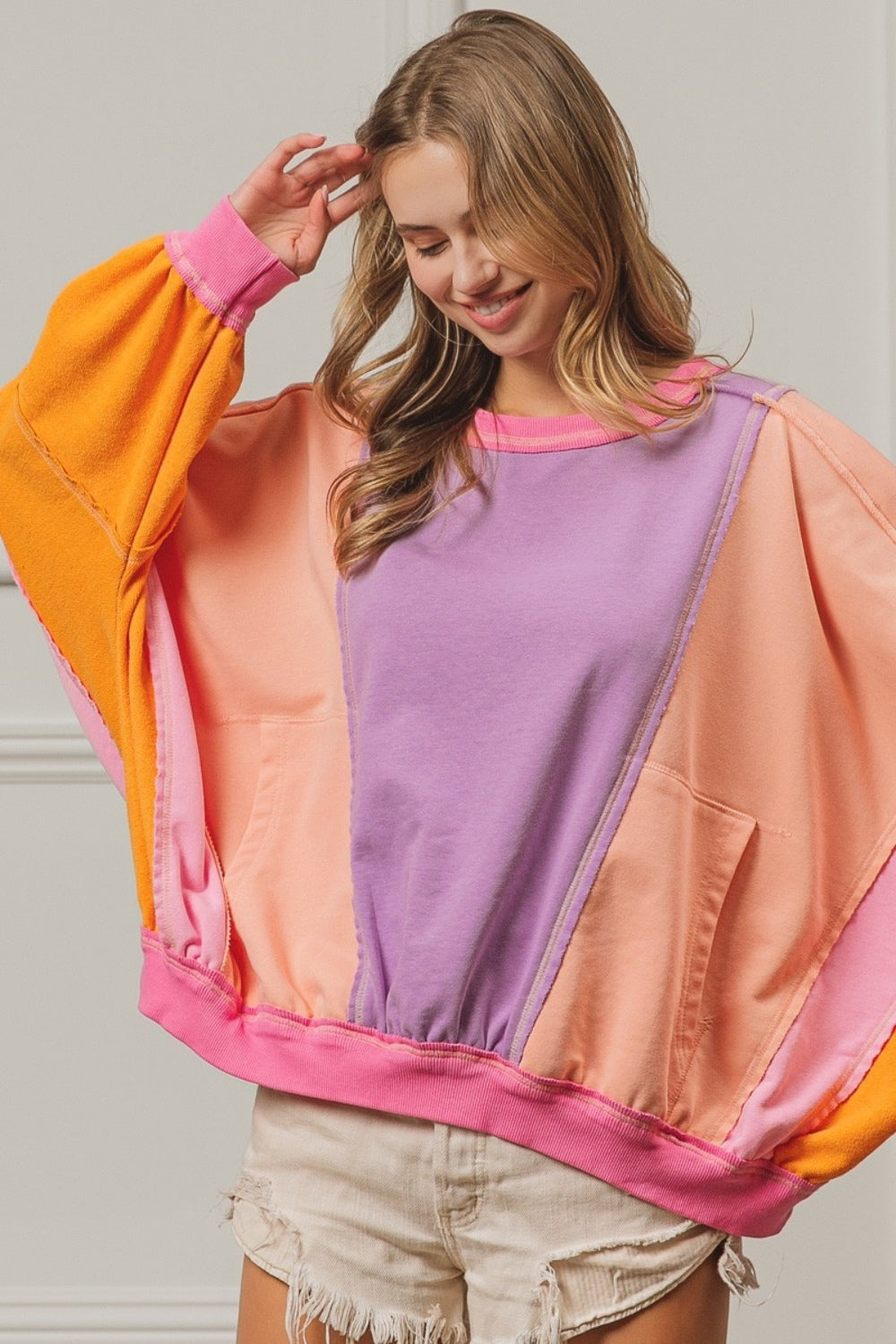 TEEK - Lavender Peach Fuchsia Color Block Exposed Seam Pocketed Sweatshirt TOPS TEEK Trend   