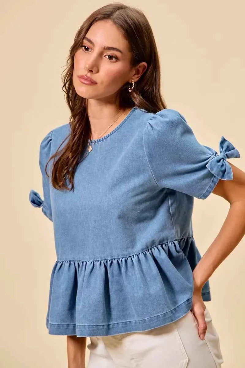 TEEK - Denim Bow Detail Short Sleeves Peplum Top TOPS TEEK Trend