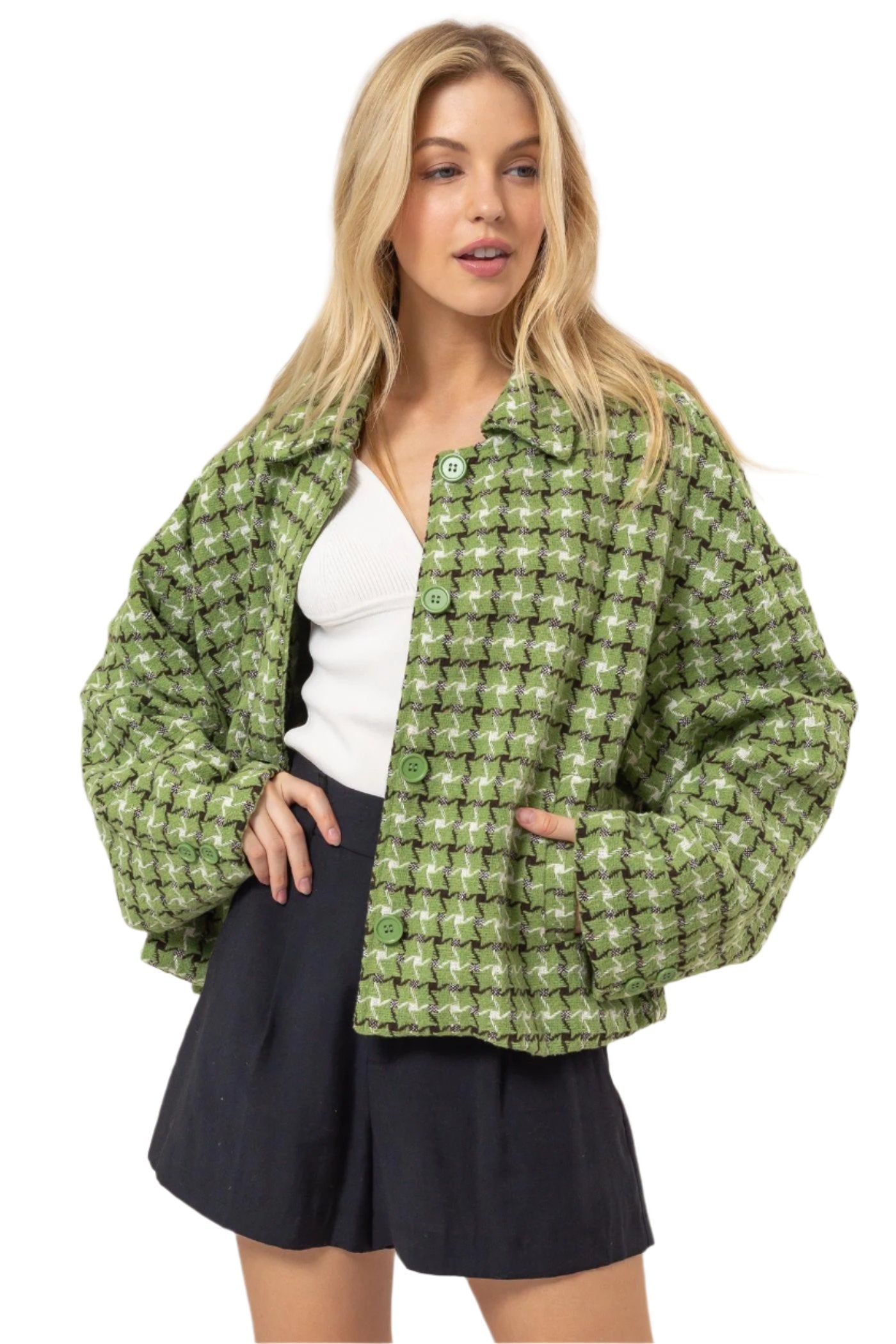 TEEK - Green Tweed Plaid Button Up Collared Neck Jacket TEEK Trend S