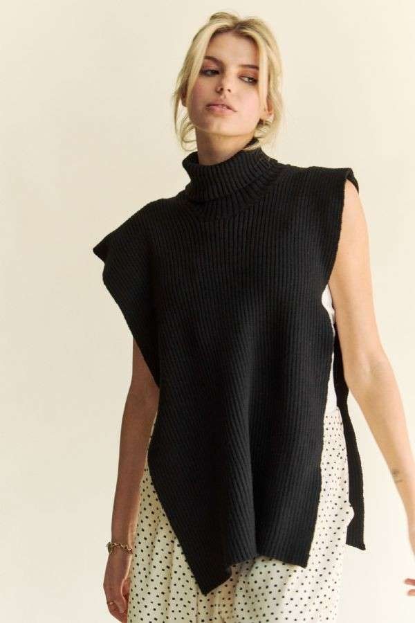 TEEK - Black Side Split Turtleneck Sleeveless Knit Top TOPS TEEK Trend