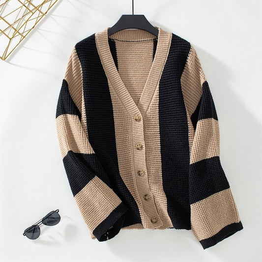TEEK - Taupe Multi Color Block Striped Knit Cardigan SWEATER TEEK FG S