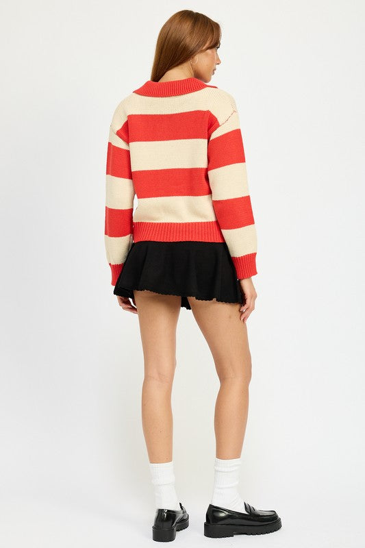 TEEK - RED COMBO STRIPED COLLARED SWEATER TOP TOPS TEEK FG