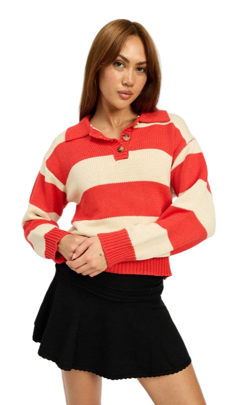 TEEK - RED COMBO STRIPED COLLARED SWEATER TOP TOPS TEEK FG S