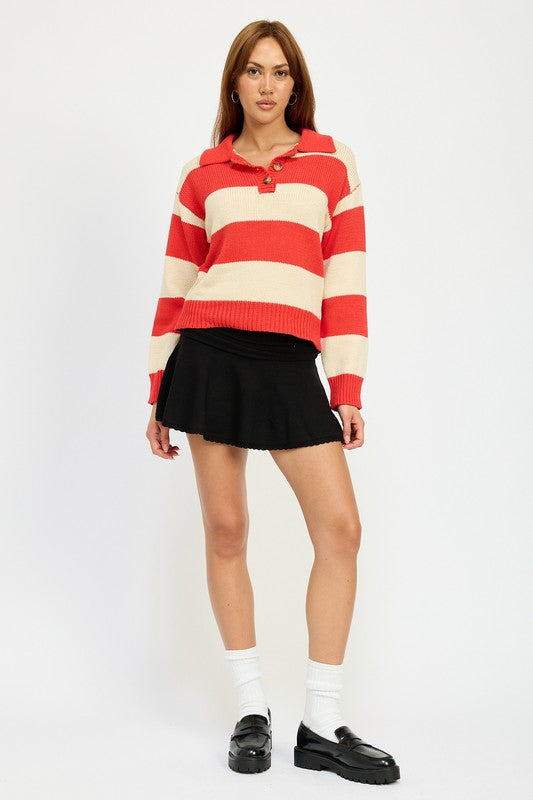 TEEK - RED COMBO STRIPED COLLARED SWEATER TOP TOPS TEEK FG