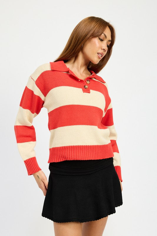 TEEK - RED COMBO STRIPED COLLARED SWEATER TOP TOPS TEEK FG