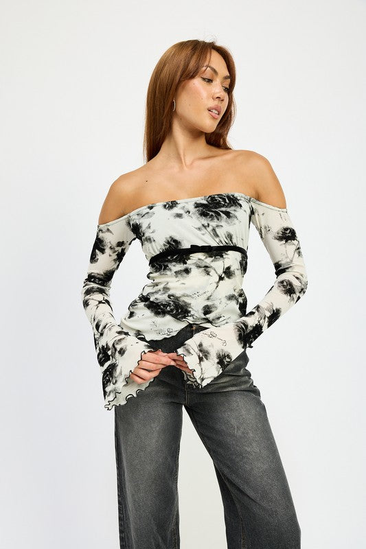 TEEK - WHT BLK FLORAL OFF SHOULDER TOP WTIH LETTUCE HEM TOPS TEEK FG
