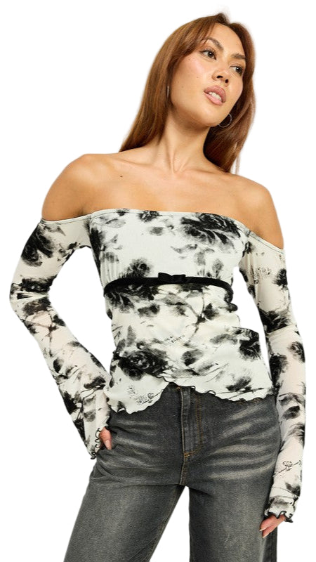 TEEK - WHT BLK FLORAL OFF SHOULDER TOP WTIH LETTUCE HEM TOPS TEEK FG S