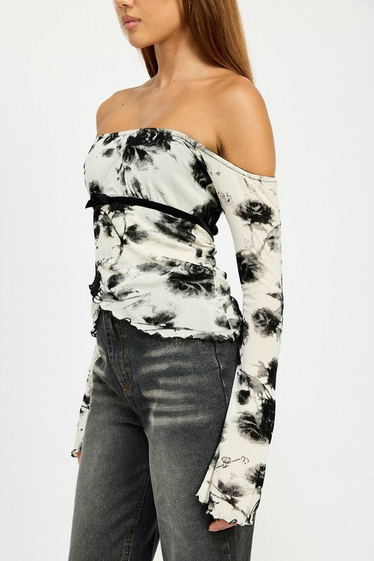 TEEK - WHT BLK FLORAL OFF SHOULDER TOP WTIH LETTUCE HEM TOPS TEEK FG