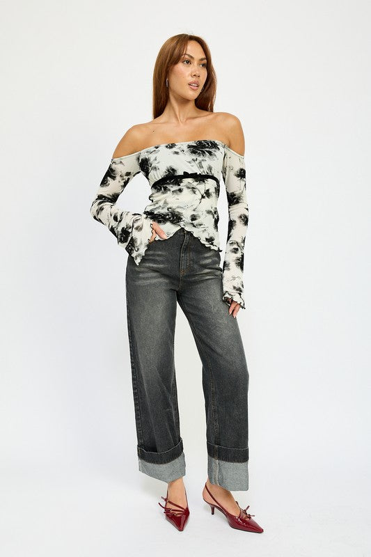 TEEK - WHT BLK FLORAL OFF SHOULDER TOP WTIH LETTUCE HEM TOPS TEEK FG