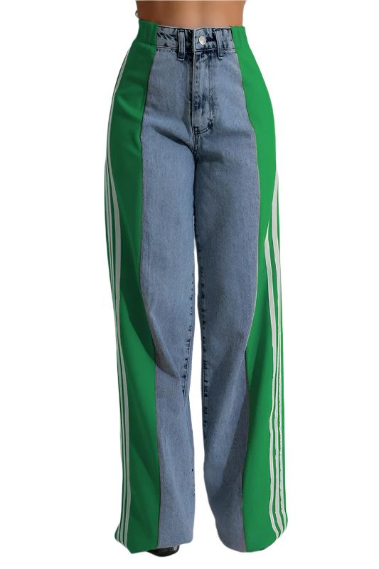 TEEK - BOLD STRIPE DOWN WIDE LEG DENIM PANTS JEANS TEEK FG BLUE GREEN S 