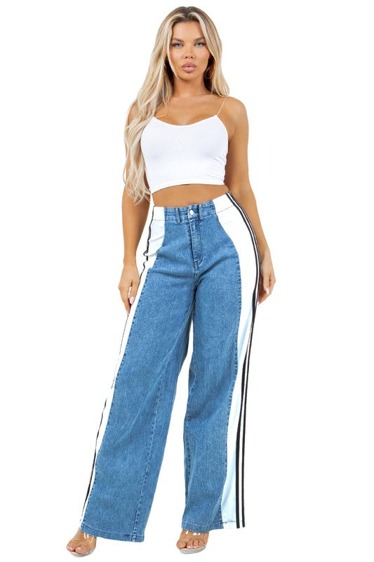 TEEK - BOLD STRIPE DOWN WIDE LEG DENIM PANTS JEANS TEEK FG BLUE WHITE S 