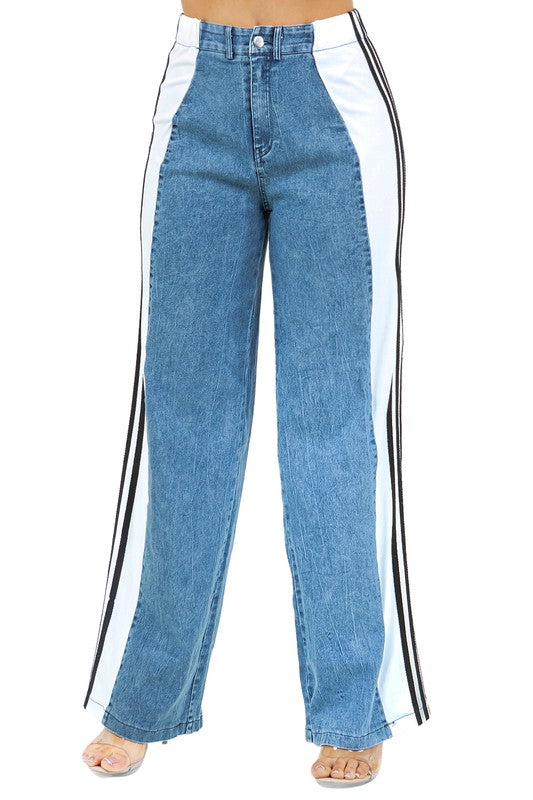 TEEK - BOLD STRIPE DOWN WIDE LEG DENIM PANTS JEANS TEEK FG   