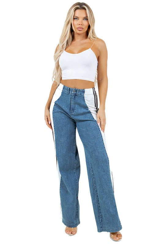 TEEK - BOLD STRIPE DOWN WIDE LEG DENIM PANTS JEANS TEEK FG   