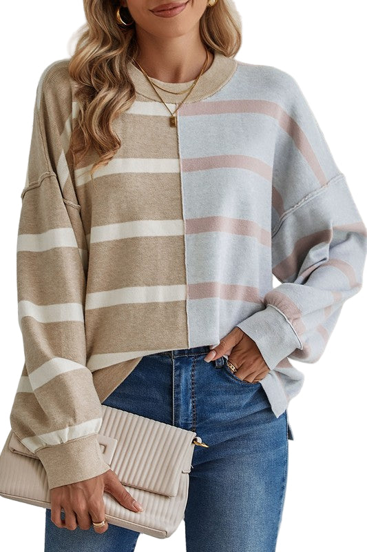 TEEK - Striped Colorblock Drop Shoulder Sweater TOPS TEEK FG Khaki L