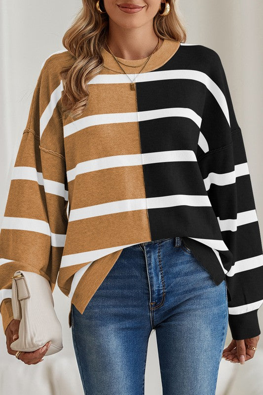 TEEK - Striped Colorblock Drop Shoulder Sweater TOPS TEEK FG Beige M