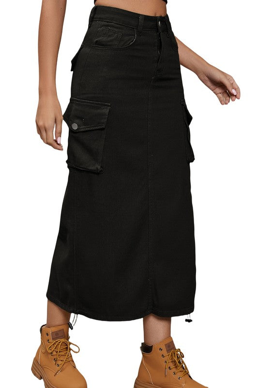 TEEK - DRAWSTRING SIDE RUCHED DENIM LONG SKIRT SKIRT TEEK FG BLACK S 