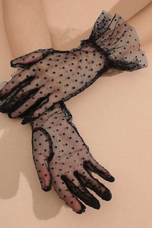 TEEK - Black Polkadot Ruffle Sheer Lace Gloves GLOVES TEEK FG   