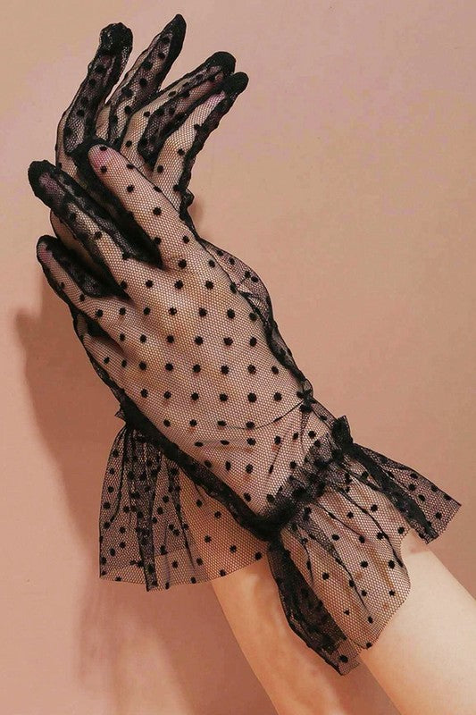 TEEK - Black Polkadot Ruffle Sheer Lace Gloves GLOVES TEEK FG   