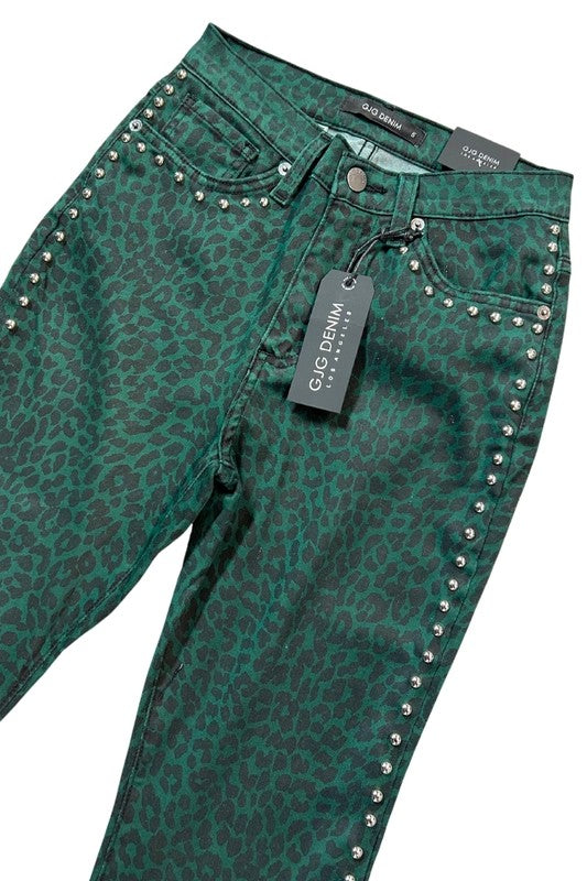 TEEK - Green Leopard Studded Bell Bottom Jeans JEANS TEEK FG 3