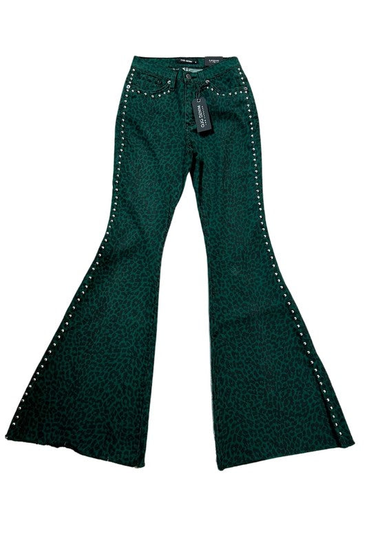 TEEK - Green Leopard Studded Bell Bottom Jeans JEANS TEEK FG