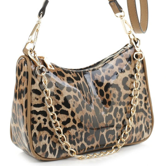 TEEK - Glossy Leopard Chain Link Crossbody Satchel BAG TEEK FG LEO/STONE  