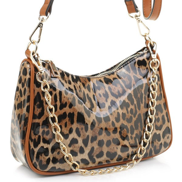 TEEK - Glossy Leopard Chain Link Crossbody Satchel BAG TEEK FG LEO/BROWN  