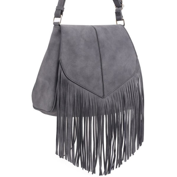 TEEK - Faux Suede Fringe Flap Crossbody Bag BAG TEEK FG D/GREY  