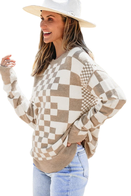 TEEK - Checkered Drop Shoulder Round Neck Sweater TOPS TEEK FG Khaki S