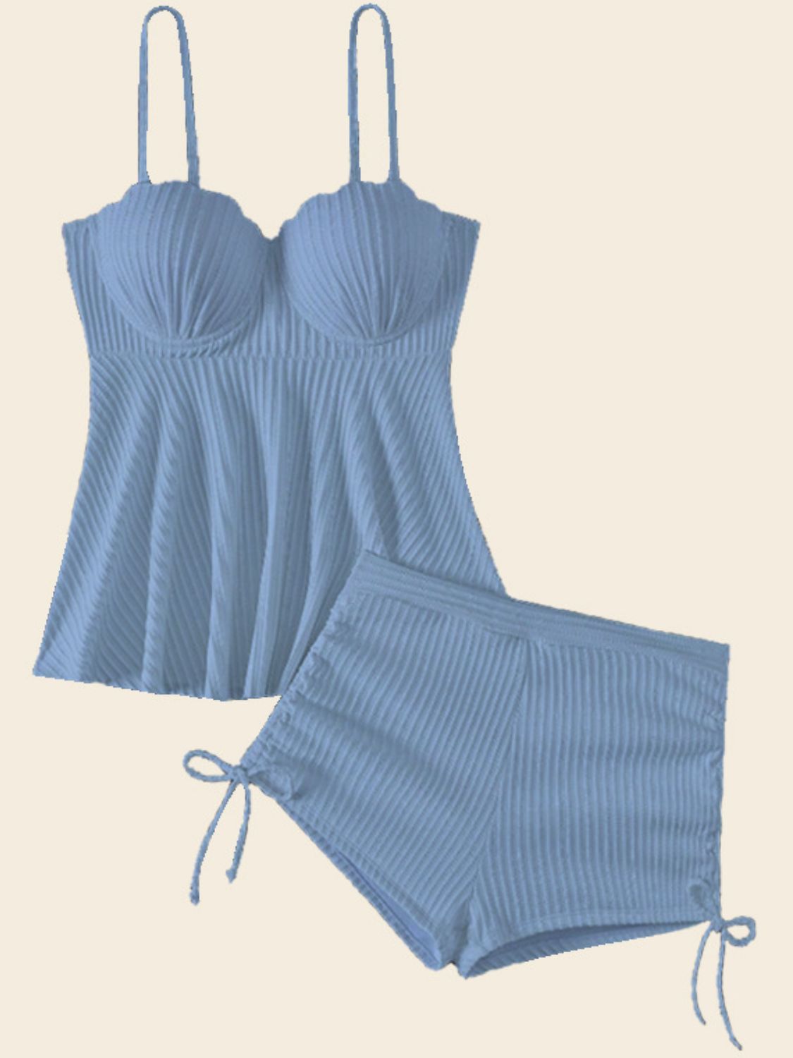 TEEK - Textured Drawstring Spaghetti Strap Two-Piece Swim Set SWIMWEAR TEEK Trend Light Blue S 