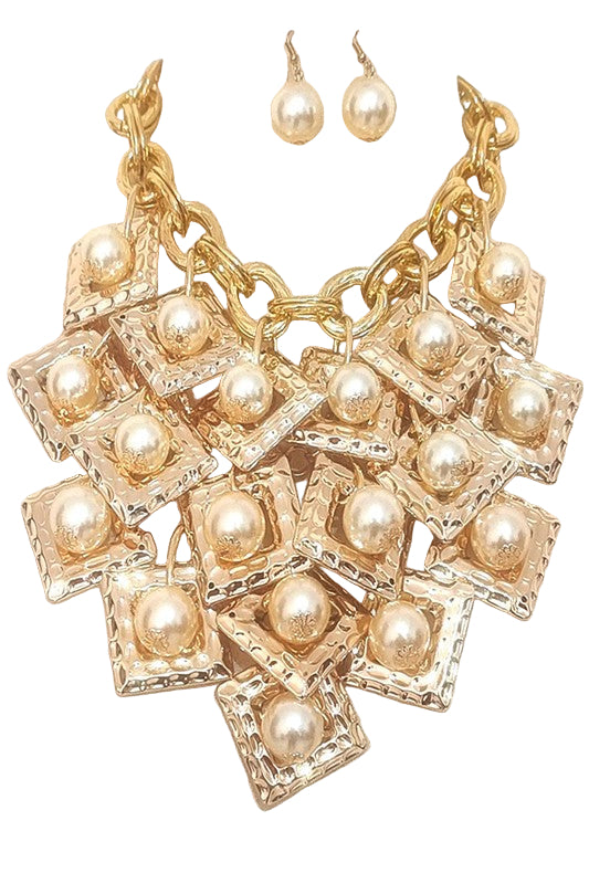 TEEK - Layered Flat Square Link Fringe Pearl Necklace Set JEWELRY TEEK FG Gold