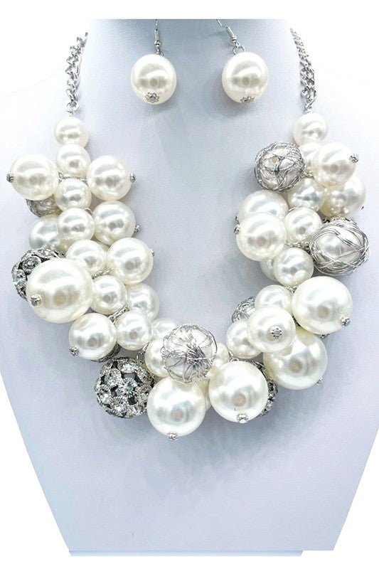 TEEK - Oversize Pearl Crystal Statement Necklace Set JEWELRY TEEK FG Silver