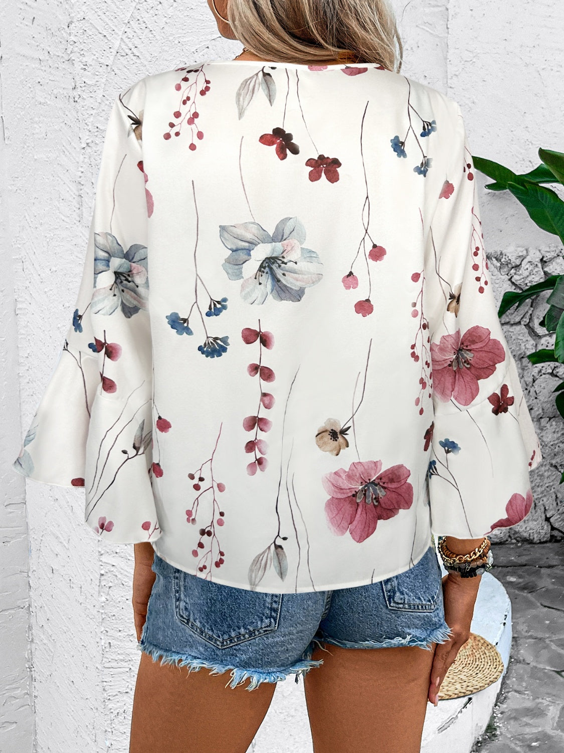 TEEK - Honey Ruffled Printed V-Neck Half Sleeve Blouse TOPS TEEK Trend   