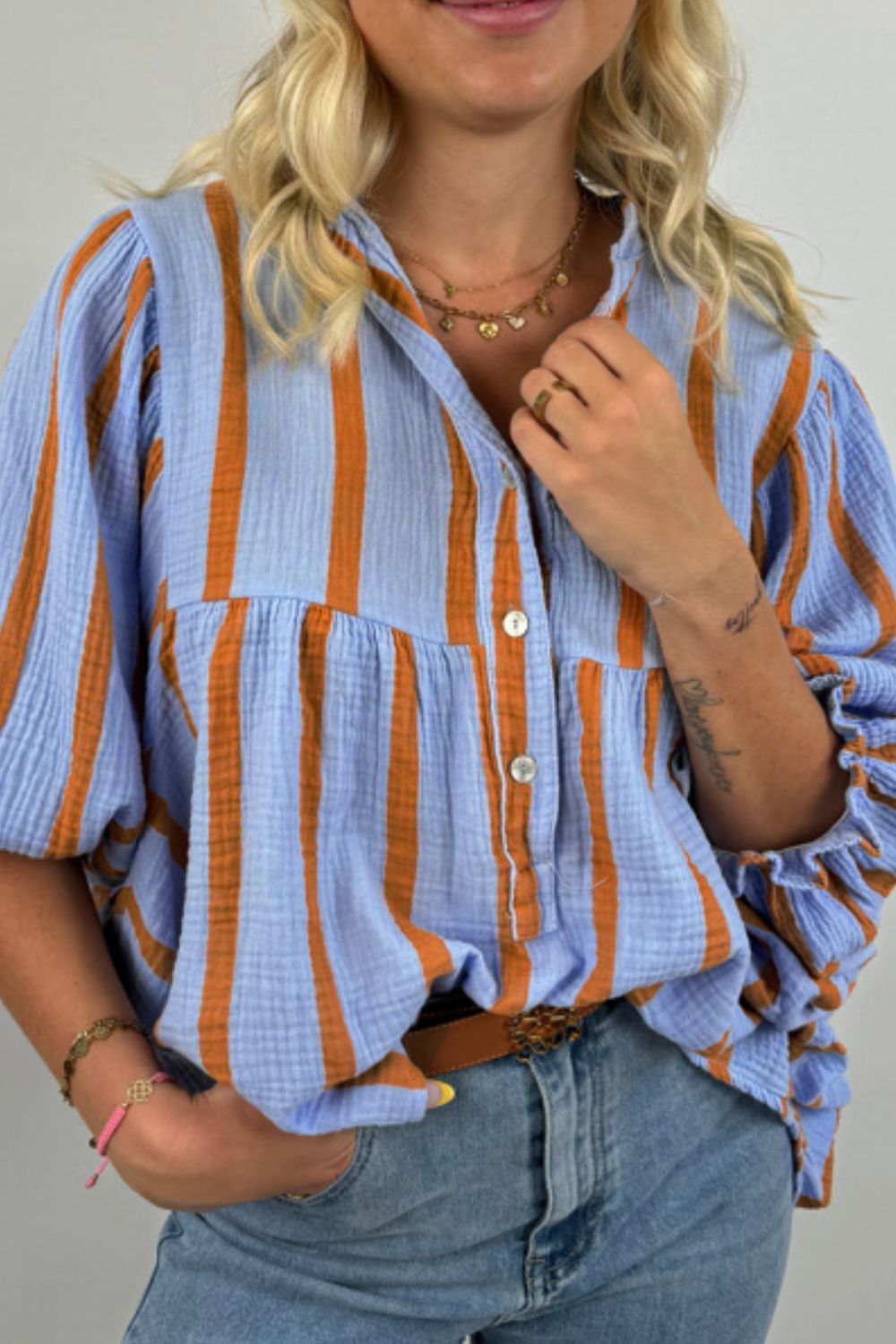 TEEK - Striped Notched Three-Quarter Sleeve Blouse TOPS TEEK Trend