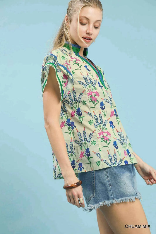 Umgee Mix Floral Print Blouse with Contrast Trim Trendsi