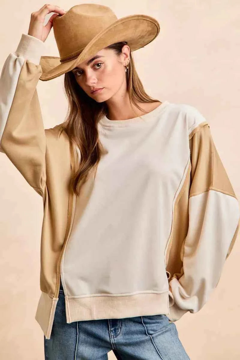 TEEK - French Terry Color Block Top With Open Seam Detail Trendsi