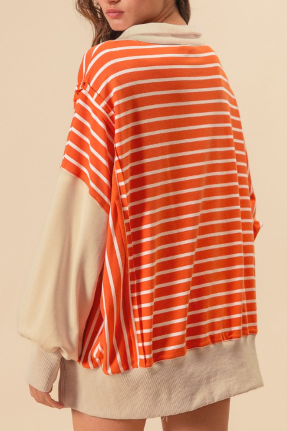 TEEK - Tangerine Striped Johnny Collar Long Sleeve Sweatshirt TOPS TEEK Trend