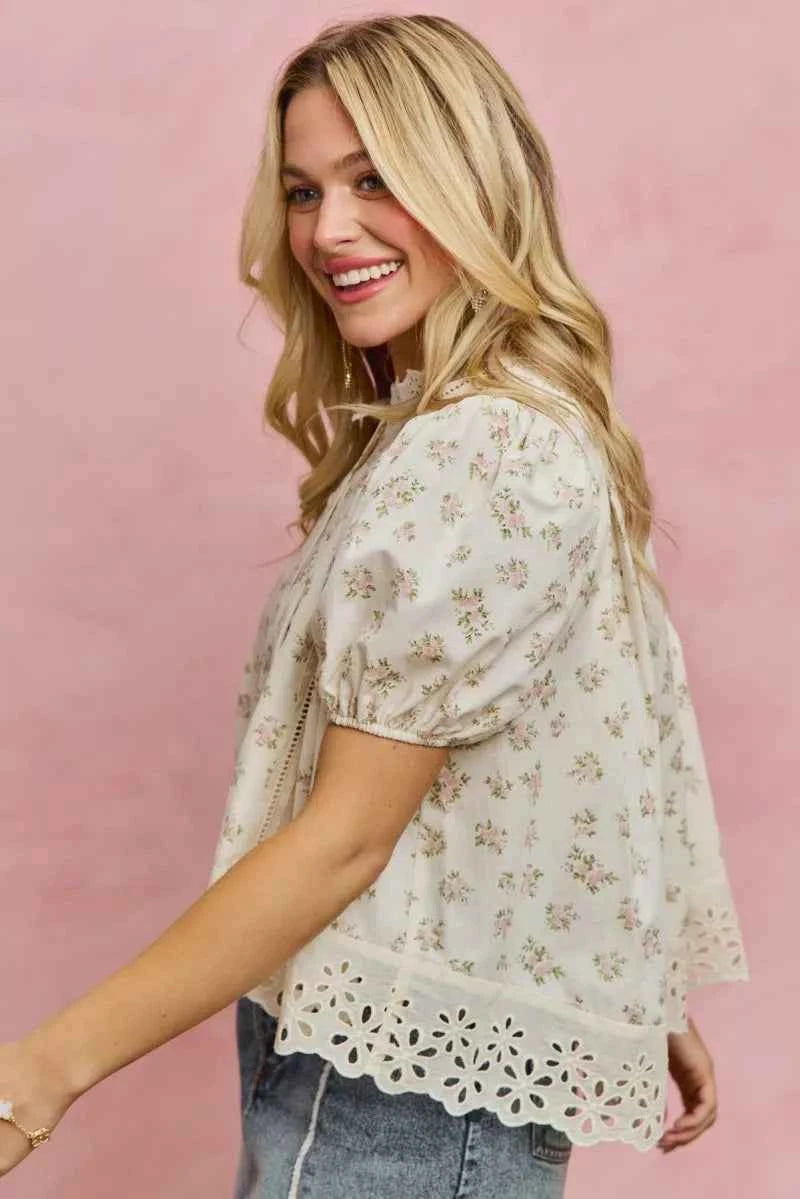 TEEK - Floral Print Lace Trim Short Sleeves Blouse TOPS TEEK Trend