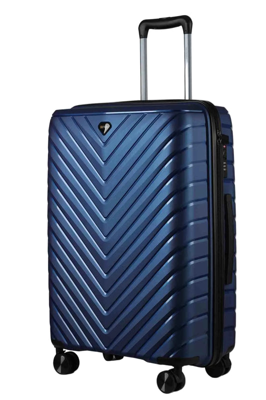 Blue suitcase with a chevron pattern on a white background