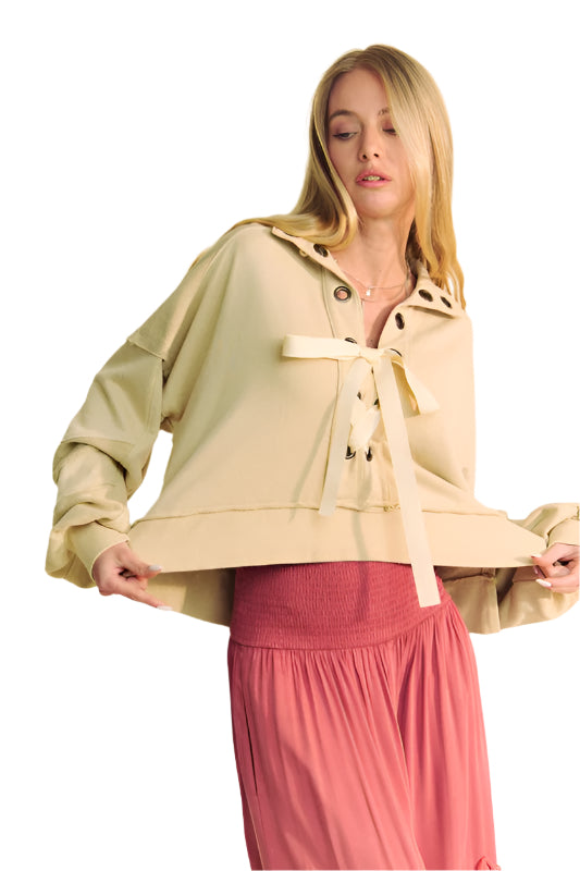 TEEK - Tan Lace Up Exposed Seam French Terry Top TOPS TEEK Trend S