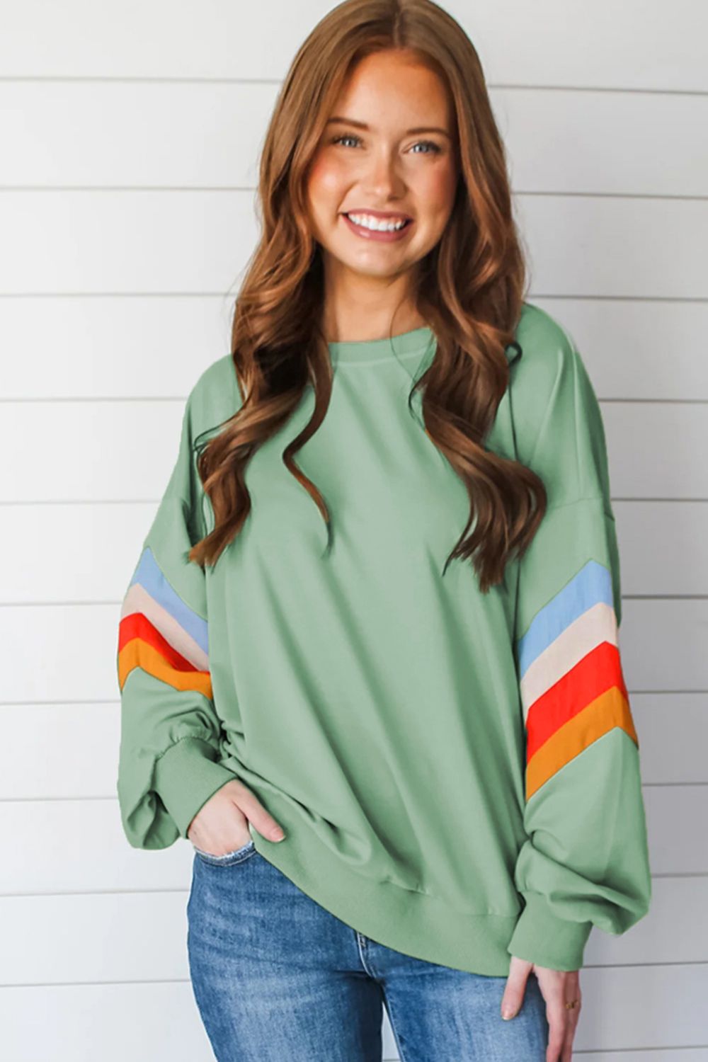 TEEK - Contrast Round Neck Long Sleeve Sweatshirt TOPS TEEK Trend