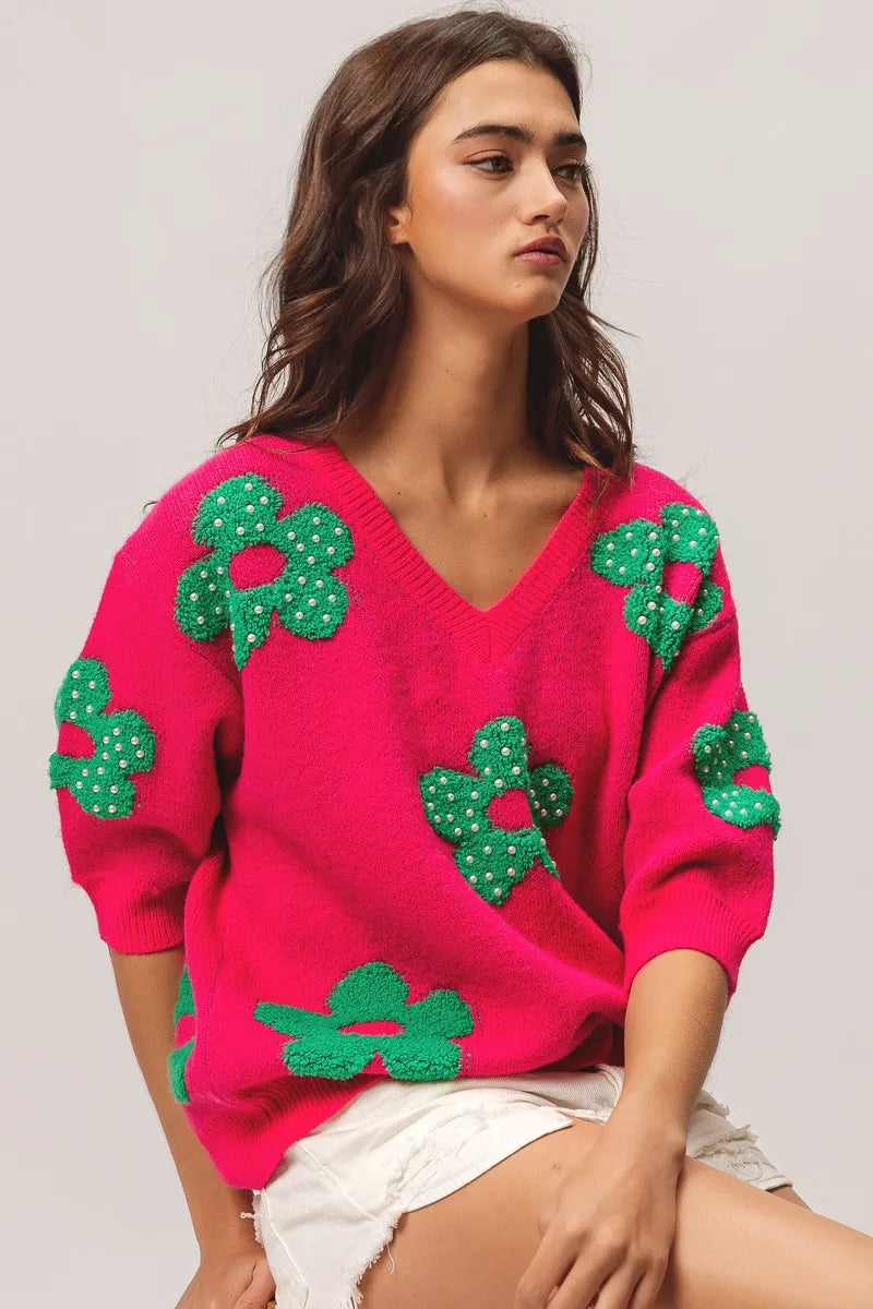 TEEK - Fuchsia Jade Pearl Beads Flowers Sweater Top TOPS TEEK Trend