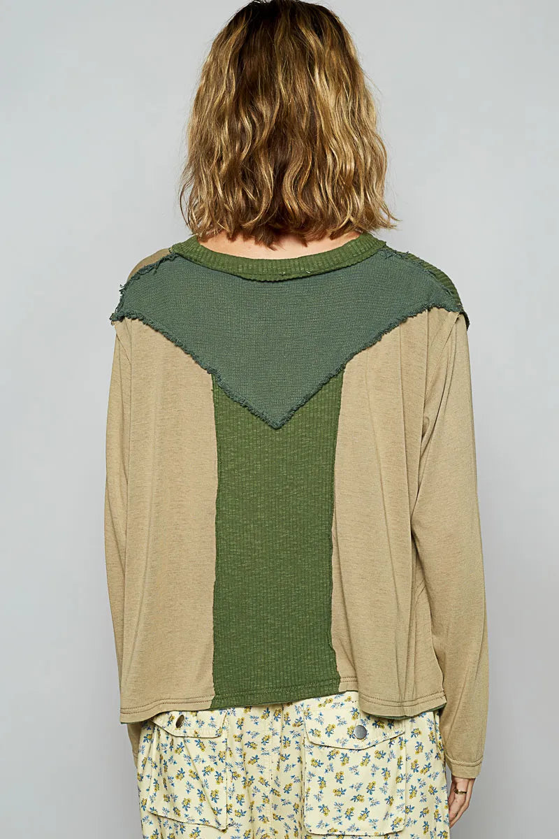 TEEK - Matcha Green Color Block Notched Long Sleeve T-Shirt TOPS TEEK Trend