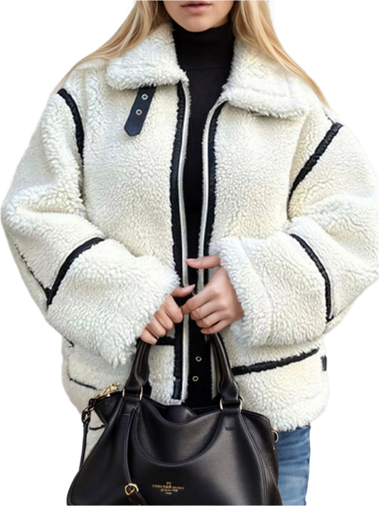 Zip Up Long Sleeve Sherpa Jacket TEEK Trend White XS