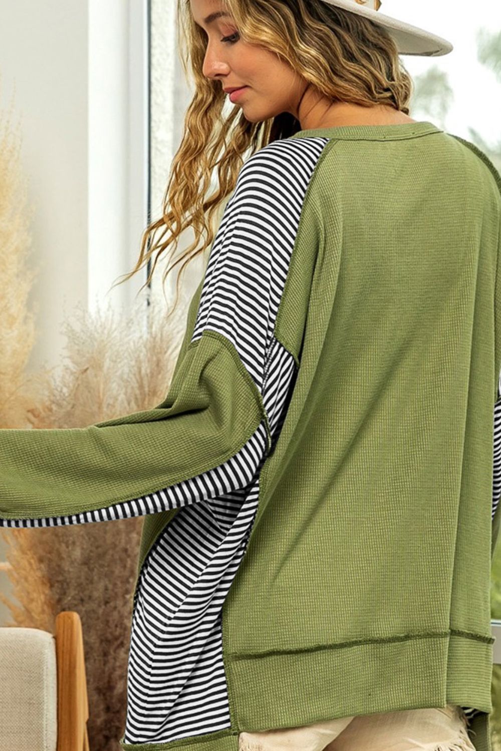 TEEK - Moss Striped Exposed Seam Half Button Sweatshirt TOPS TEEK Trend